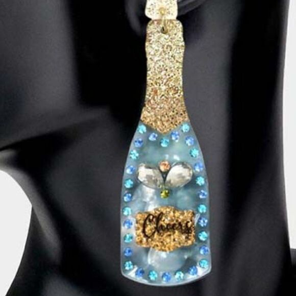 Champagne Bottle Rhinestone Blue Acetate Dangle Earrings - Picture 3 of 6